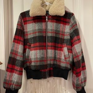 Plaid zip up with a wool neck peice